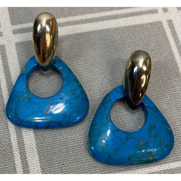 Turquoise Color Stone Silver Tone Pierced Earrings - Picture 1 of 5